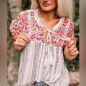 Savanna Jane White Tunic with Pink & Red Embroidered Yoke